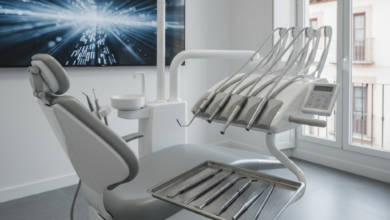 Interior de una clínica dental moderna y bien iluminada en España, con una silla dental elegante, instrumentos esterilizados y una pantalla de monitoreo con gráficos abstractos y borrosos en el fondo. Se vislumbra un paisaje urbano español difuminado a través de una ventana.