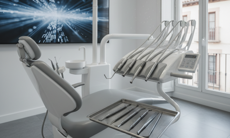 Interior de una clínica dental moderna y bien iluminada en España, con una silla dental elegante, instrumentos esterilizados y una pantalla de monitoreo con gráficos abstractos y borrosos en el fondo. Se vislumbra un paisaje urbano español difuminado a través de una ventana.