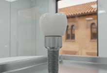 Primer plano fotorrealista de un implante dental de titanio con su pilar y corona de cerámica, presentado en un ambiente clínico estéril y moderno con luz brillante. El implante es el foco principal, con un fondo suavemente desenfocado que sugiere una arquitectura española bajo la luz del sol.
