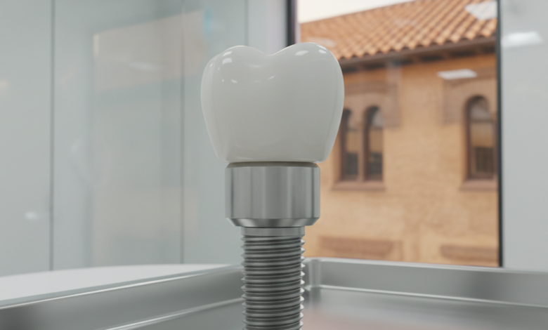 Primer plano fotorrealista de un implante dental de titanio con su pilar y corona de cerámica, presentado en un ambiente clínico estéril y moderno con luz brillante. El implante es el foco principal, con un fondo suavemente desenfocado que sugiere una arquitectura española bajo la luz del sol.