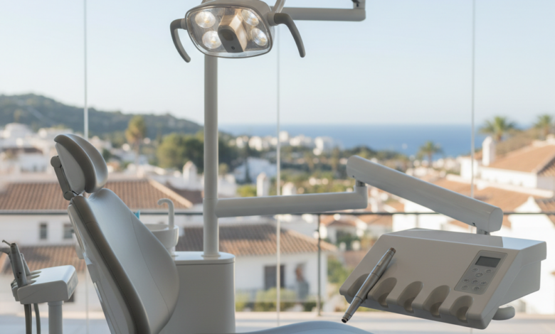 Interior de una clínica dental moderna y luminosa en España, mostrando una silla dental ergonómica y equipos de alta tecnología. A través de una gran ventana, se vislumbra un paisaje urbano o costero español difuminado. La imagen transmite calma y tecnología, sin texto.