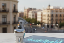 Un implante dental estilizado y abstracto en primer plano sobre una superficie limpia, junto a documentos financieros borrosos y una tablet mostrando gráficos abstractos. El fondo borroso muestra una ciudad moderna de España. La imagen es fotorrealista y no contiene texto.