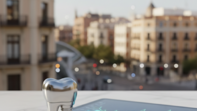 Un implante dental estilizado y abstracto en primer plano sobre una superficie limpia, junto a documentos financieros borrosos y una tablet mostrando gráficos abstractos. El fondo borroso muestra una ciudad moderna de España. La imagen es fotorrealista y no contiene texto.