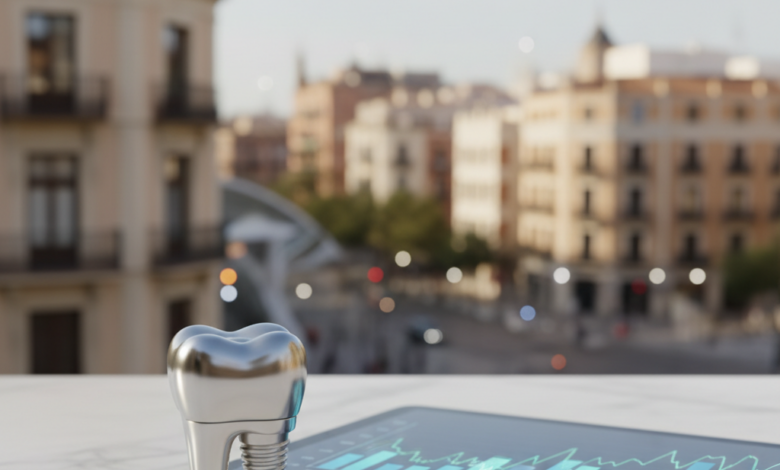 Un implante dental estilizado y abstracto en primer plano sobre una superficie limpia, junto a documentos financieros borrosos y una tablet mostrando gráficos abstractos. El fondo borroso muestra una ciudad moderna de España. La imagen es fotorrealista y no contiene texto.
