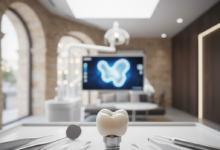 Primer plano de un implante dental y una corona de cerámica blanca de aspecto natural, listos para su colocación. Alrededor, se ven instrumentos dentales modernos ligeramente desenfocados. El fondo es una clínica dental brillante y limpia con elementos arquitectónicos difusos que sugieren un diseño español o europeo.