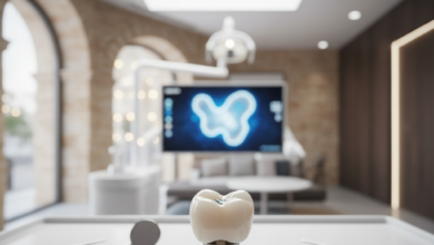 Primer plano de un implante dental y una corona de cerámica blanca de aspecto natural, listos para su colocación. Alrededor, se ven instrumentos dentales modernos ligeramente desenfocados. El fondo es una clínica dental brillante y limpia con elementos arquitectónicos difusos que sugieren un diseño español o europeo.