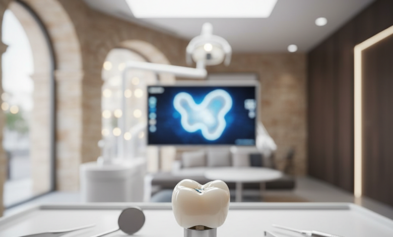 Primer plano de un implante dental y una corona de cerámica blanca de aspecto natural, listos para su colocación. Alrededor, se ven instrumentos dentales modernos ligeramente desenfocados. El fondo es una clínica dental brillante y limpia con elementos arquitectónicos difusos que sugieren un diseño español o europeo.