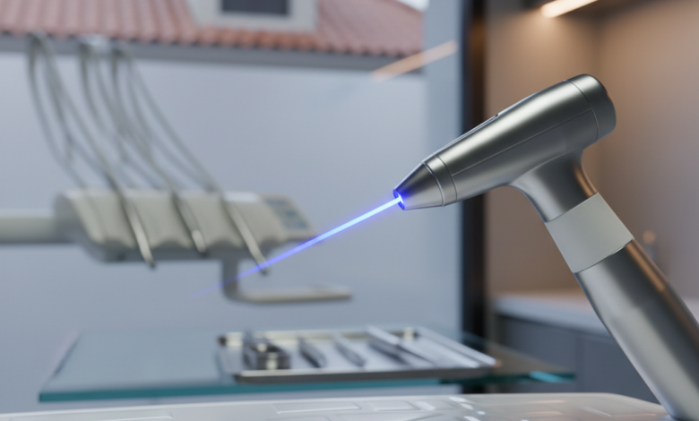 Una escena fotorealista que muestra un moderno instrumental láser dental con un haz de luz preciso, en un entorno de clínica estéril y futurista. El fondo, suavemente desenfocado, sugiere la arquitectura tradicional española bajo una iluminación tenue y avanzada, simbolizando la innovación dental en España.