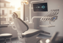 Imagen fotorealista de una sala de consulta dental moderna y limpia en España, destacando una silla de dentista ergonómica de última generación y equipamiento tecnológico avanzado, con luz natural suave. La escena evoca profesionalismo y alta calidad en la atención dental.