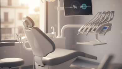 Imagen fotorealista de una sala de consulta dental moderna y limpia en España, destacando una silla de dentista ergonómica de última generación y equipamiento tecnológico avanzado, con luz natural suave. La escena evoca profesionalismo y alta calidad en la atención dental.