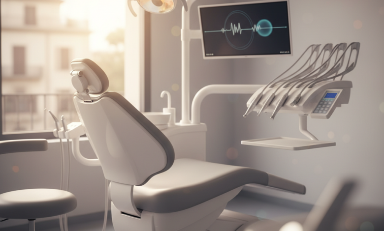 Imagen fotorealista de una sala de consulta dental moderna y limpia en España, destacando una silla de dentista ergonómica de última generación y equipamiento tecnológico avanzado, con luz natural suave. La escena evoca profesionalismo y alta calidad en la atención dental.