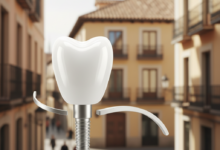 Una imagen fotorrealista de una corona dental blanca inmaculada, con un sutil elemento conceptual que representa un implante o puente dental en primer plano. El fondo, suavemente difuminado, muestra la arquitectura tradicional española bajo una luz cálida. La escena transmite el tema de la odontología y las opciones de restauración dental.