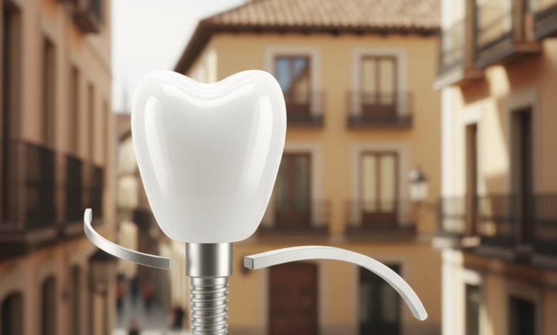 Una imagen fotorrealista de una corona dental blanca inmaculada, con un sutil elemento conceptual que representa un implante o puente dental en primer plano. El fondo, suavemente difuminado, muestra la arquitectura tradicional española bajo una luz cálida. La escena transmite el tema de la odontología y las opciones de restauración dental.