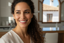 Una mujer sonríe con confianza en un entorno de clínica dental moderna y limpia, con la luz natural de España de fondo, simbolizando el acceso a la atención dental y la salud bucodental.