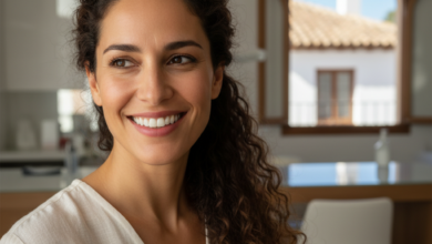 Una mujer sonríe con confianza en un entorno de clínica dental moderna y limpia, con la luz natural de España de fondo, simbolizando el acceso a la atención dental y la salud bucodental.