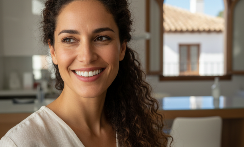 Una mujer sonríe con confianza en un entorno de clínica dental moderna y limpia, con la luz natural de España de fondo, simbolizando el acceso a la atención dental y la salud bucodental.
