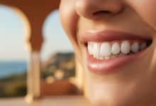 Primer plano fotorealista de una boca sonriendo con dientes blancos y alineados y encías sanas, con un fondo español difuminado.