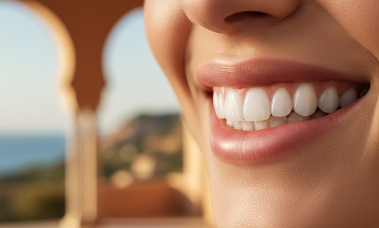 Primer plano fotorealista de una boca sonriendo con dientes blancos y alineados y encías sanas, con un fondo español difuminado.