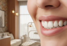 Primer plano fotorealista de una boca con dientes sanos y una sonrisa natural, enfocada y luminosa, con un fondo bokeh de una clínica dental moderna y elegante en España.