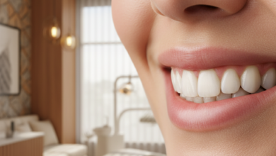 Primer plano fotorealista de una boca con dientes sanos y una sonrisa natural, enfocada y luminosa, con un fondo bokeh de una clínica dental moderna y elegante en España.