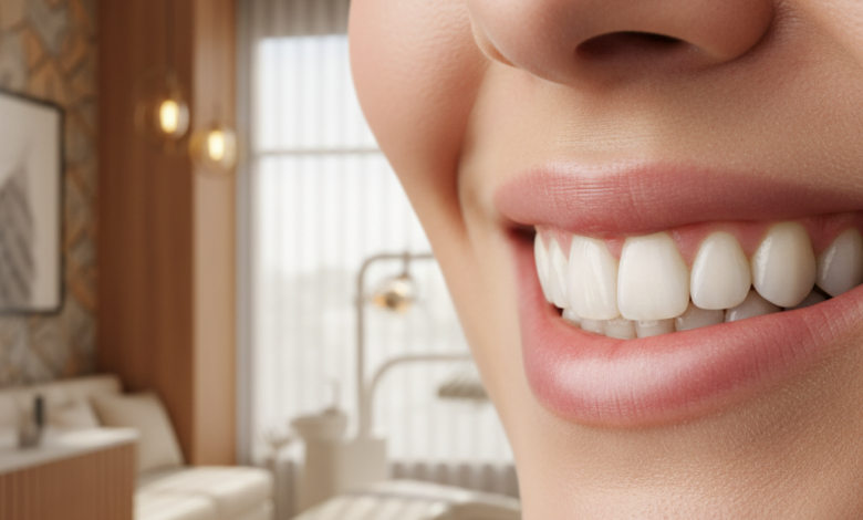 Primer plano fotorealista de una boca con dientes sanos y una sonrisa natural, enfocada y luminosa, con un fondo bokeh de una clínica dental moderna y elegante en España.