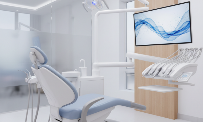 Una sala de tratamiento dental moderna, limpia y luminosa, con un sillón dental ergonómico y equipo de última generación, incluyendo una unidad láser. El ambiente es calmado y tranquilizador, con iluminación suave y un fondo ligeramente desenfocado. No hay texto visible.