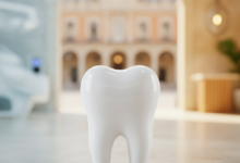Imagen fotorealista de un diente molar sano y brillante en primer plano, con un fondo conceptual borroso que sugiere la dualidad entre un entorno clínico público y uno privado, y un detalle arquitectónico español difuminado al fondo, todo ello bajo una iluminación suave y natural.