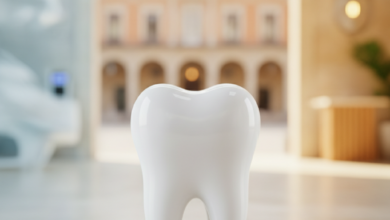 Imagen fotorealista de un diente molar sano y brillante en primer plano, con un fondo conceptual borroso que sugiere la dualidad entre un entorno clínico público y uno privado, y un detalle arquitectónico español difuminado al fondo, todo ello bajo una iluminación suave y natural.