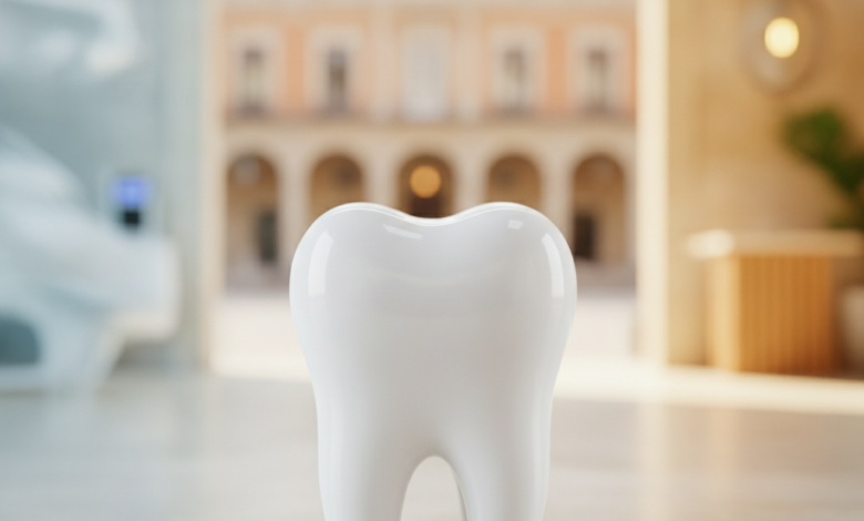 Imagen fotorealista de un diente molar sano y brillante en primer plano, con un fondo conceptual borroso que sugiere la dualidad entre un entorno clínico público y uno privado, y un detalle arquitectónico español difuminado al fondo, todo ello bajo una iluminación suave y natural.