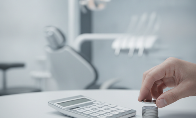 Una mano adulta coloca monedas sobre una superficie, con el fondo borroso de una clínica dental moderna y limpia, simbolizando la planificación financiera para tratamientos dentales en España.