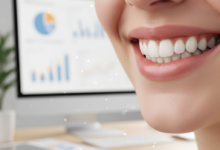 Primer plano de una sonrisa radiante y saludable con dientes blancos y alineados, simbolizando el resultado de las carillas dentales. El fondo está sutilmente borroso, mostrando formas abstractas que sugieren documentos financieros o datos, aludiendo a la cobertura del seguro dental. La iluminación es suave y natural.