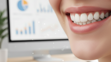 Primer plano de una sonrisa radiante y saludable con dientes blancos y alineados, simbolizando el resultado de las carillas dentales. El fondo está sutilmente borroso, mostrando formas abstractas que sugieren documentos financieros o datos, aludiendo a la cobertura del seguro dental. La iluminación es suave y natural.