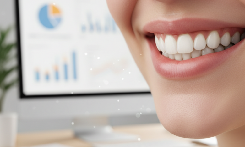 Primer plano de una sonrisa radiante y saludable con dientes blancos y alineados, simbolizando el resultado de las carillas dentales. El fondo está sutilmente borroso, mostrando formas abstractas que sugieren documentos financieros o datos, aludiendo a la cobertura del seguro dental. La iluminación es suave y natural.