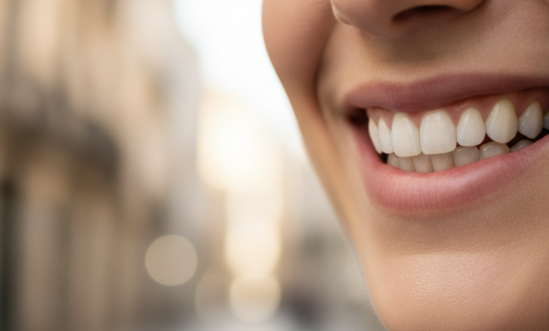 Primer plano fotorrealista de la sonrisa de un adulto con dientes sanos y limpios, sobre un fondo urbano español difuminado y bañado por el sol.