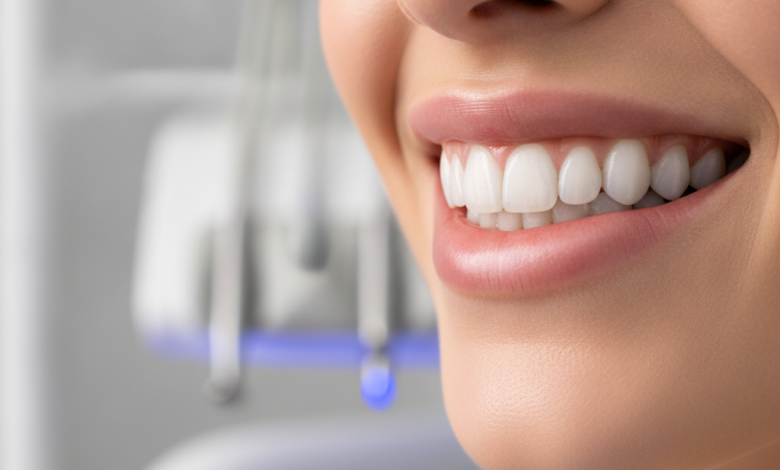 Primer plano fotorrealista de una sonrisa perfecta con dientes blancos y alineados, transmitiendo confianza y salud. El fondo borroso insinúa equipos dentales modernos en una clínica limpia.