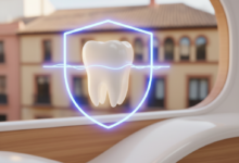 Una imagen fotorealista de un molar blanco y sano, suavemente iluminado, con un contorno abstracto y etéreo que sugiere protección y seguridad. El fondo está desenfocado y presenta la silueta de arquitectura urbana moderna española bajo una luz cálida, simbolizando el contexto de España. La escena evoca tranquilidad y cuidado de la salud dental.
