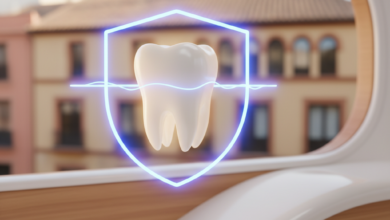 Una imagen fotorealista de un molar blanco y sano, suavemente iluminado, con un contorno abstracto y etéreo que sugiere protección y seguridad. El fondo está desenfocado y presenta la silueta de arquitectura urbana moderna española bajo una luz cálida, simbolizando el contexto de España. La escena evoca tranquilidad y cuidado de la salud dental.