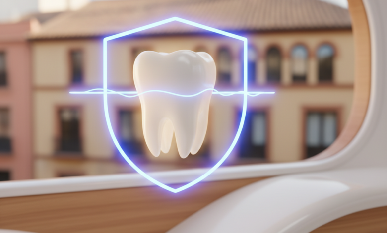 Una imagen fotorealista de un molar blanco y sano, suavemente iluminado, con un contorno abstracto y etéreo que sugiere protección y seguridad. El fondo está desenfocado y presenta la silueta de arquitectura urbana moderna española bajo una luz cálida, simbolizando el contexto de España. La escena evoca tranquilidad y cuidado de la salud dental.