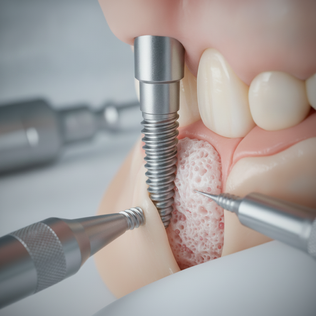 Fase de integración de implante dental Precio Implantes Dentales en Madrid, comprendiendo la fase crucial de integración de un implante dental en el hueso maxilar.