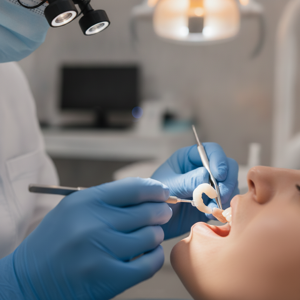 Finalizando la colocación de una corona dental Coronas Dentales Valencia Precio: odontólogo cementa una corona permanente al paciente, restaurando su sonrisa