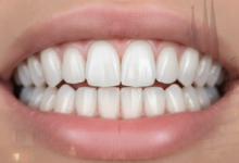 Primer plano fotorrealista de dientes blancos y sanos, con un fondo borroso que sugiere la ciudad de Barcelona, posiblemente mostrando la silueta de un edificio emblemático, sin texto visible.