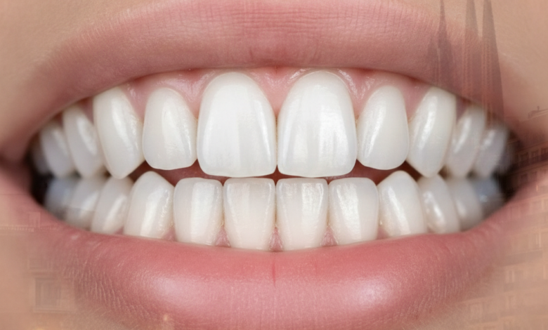 Primer plano fotorrealista de dientes blancos y sanos, con un fondo borroso que sugiere la ciudad de Barcelona, posiblemente mostrando la silueta de un edificio emblemático, sin texto visible.
