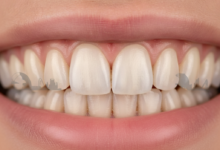 Una imagen de primer plano de una sección de una sonrisa humana impecable y saludable, con dientes de aspecto natural mostrando una restauración dental perfecta y sin fisuras. El fondo está suavemente desenfocado, revelando elementos arquitectónicos o una silueta urbana de Valencia, sugiriendo el contexto geográfico.