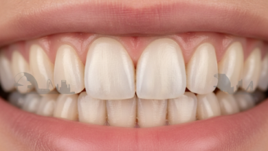Una imagen de primer plano de una sección de una sonrisa humana impecable y saludable, con dientes de aspecto natural mostrando una restauración dental perfecta y sin fisuras. El fondo está suavemente desenfocado, revelando elementos arquitectónicos o una silueta urbana de Valencia, sugiriendo el contexto geográfico.