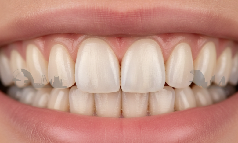 Una imagen de primer plano de una sección de una sonrisa humana impecable y saludable, con dientes de aspecto natural mostrando una restauración dental perfecta y sin fisuras. El fondo está suavemente desenfocado, revelando elementos arquitectónicos o una silueta urbana de Valencia, sugiriendo el contexto geográfico.