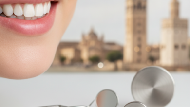 Primer plano de una sonrisa brillante y sana, con herramientas dentales modernas y elementos abstractos que sugieren economía, sobre un fondo desenfocado del horizonte de Sevilla.