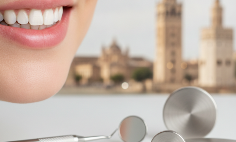 Primer plano de una sonrisa brillante y sana, con herramientas dentales modernas y elementos abstractos que sugieren economía, sobre un fondo desenfocado del horizonte de Sevilla.