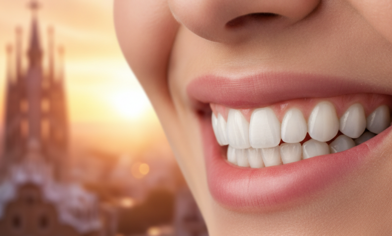 Imagen fotorealista de una boca con una sonrisa radiante y saludable, mostrando dientes blancos y naturales. Los labios están en un suave enfoque, transmitiendo confianza y bienestar. El fondo es un desenfoque artístico que sugiere el horizonte urbano de Barcelona, posiblemente con la luz cálida de un amanecer o atardecer. La iluminación es cinematográfica y limpia, destacando la calidad y la promesa de una restauración dental.