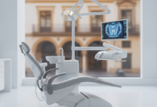 Un interior de clínica dental moderna y prístina en Sevilla. Una silla dental ergonómica y equipamiento de alta tecnología como una luz dental y una pantalla borrosa con un escáner dental digital son visibles. A través de una ventana grande y borrosa en el fondo, se insinúa la arquitectura tradicional de Sevilla con tonos cálidos.