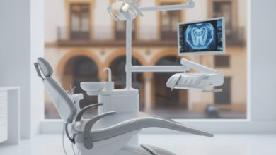 Un interior de clínica dental moderna y prístina en Sevilla. Una silla dental ergonómica y equipamiento de alta tecnología como una luz dental y una pantalla borrosa con un escáner dental digital son visibles. A través de una ventana grande y borrosa en el fondo, se insinúa la arquitectura tradicional de Sevilla con tonos cálidos.